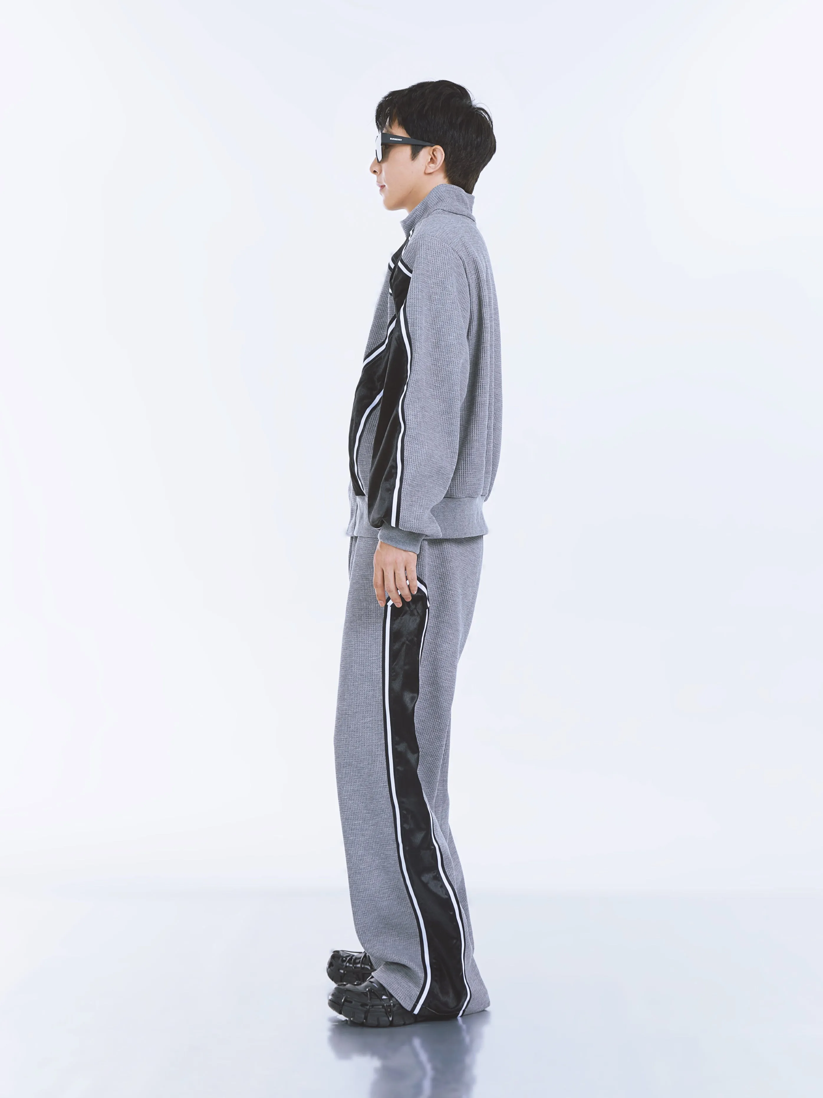 【23s September.】Striped Patchwork Waffle Sweatshirt Wide-Leg Pants Suit