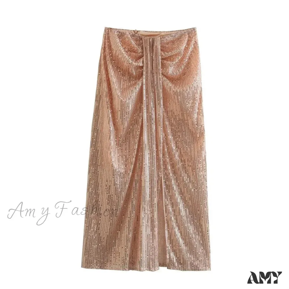 Amy Fashion - Pleated Sequin Vintage Fall Back Zipper Skirt