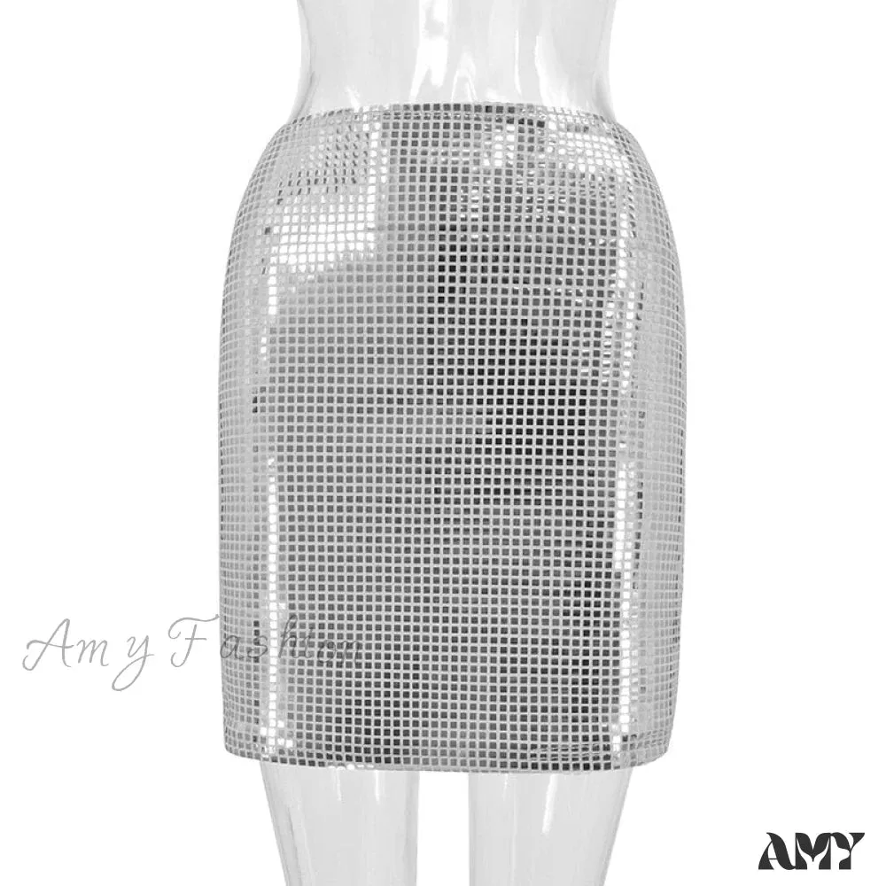 Amy Fashion - Shiny Sequins Chic Bodycon Solid Color Mini Skirt