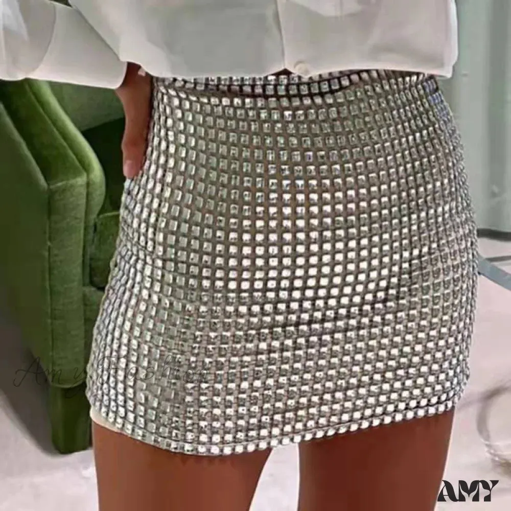 Amy Fashion - Shiny Sequins Chic Bodycon Solid Color Mini Skirt