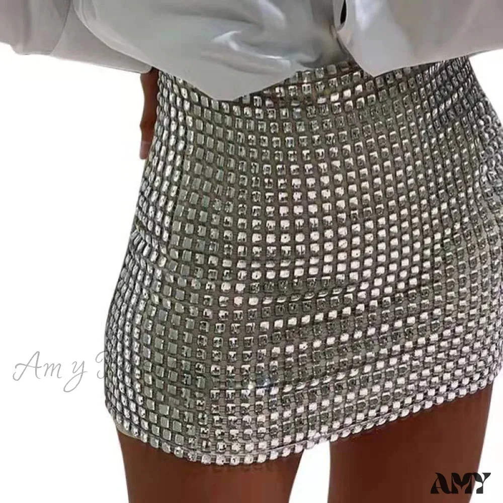 Amy Fashion - Shiny Sequins Chic Bodycon Solid Color Mini Skirt