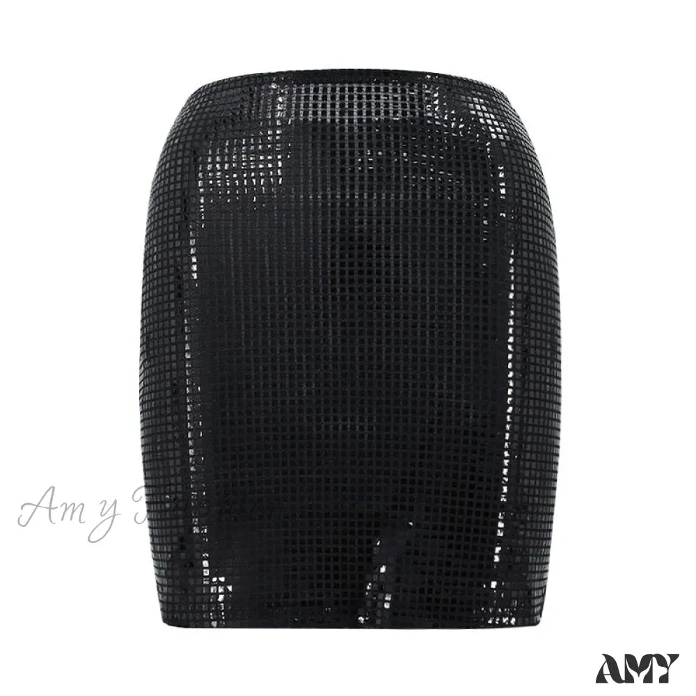 Amy Fashion - Shiny Sequins Chic Bodycon Solid Color Mini Skirt