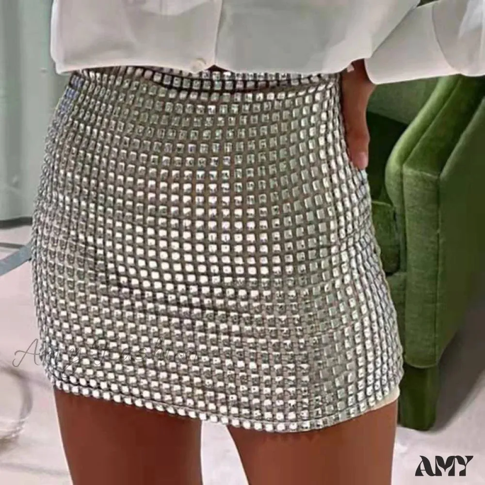 Amy Fashion - Shiny Sequins Chic Bodycon Solid Color Mini Skirt