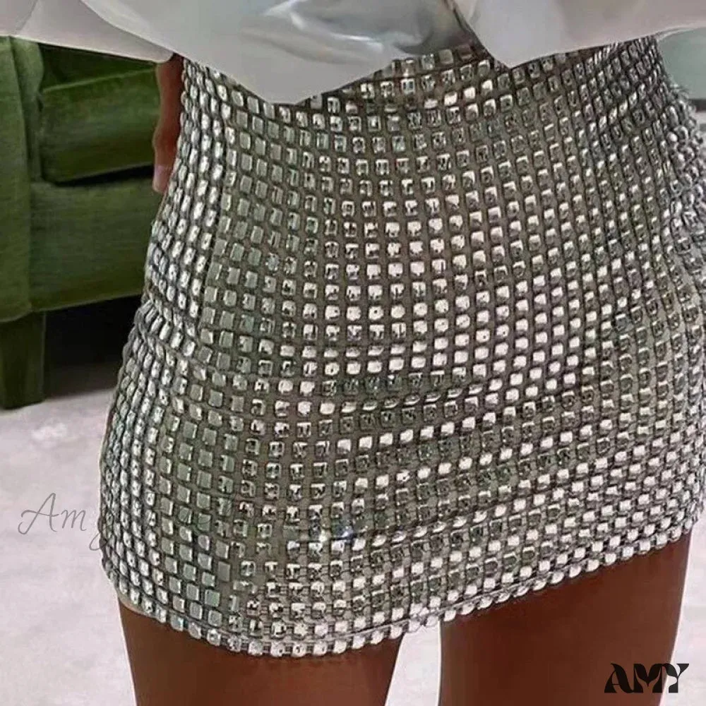 Amy Fashion - Shiny Sequins Chic Bodycon Solid Color Mini Skirt