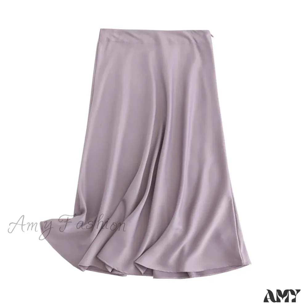 Amy Fashion - Solid Color High Quality Satin Midi Skirt