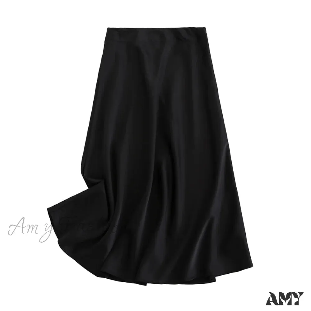 Amy Fashion - Solid Color High Quality Satin Midi Skirt