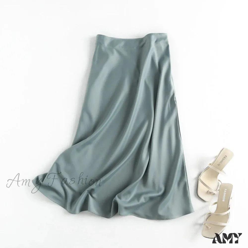 Amy Fashion - Solid Color High Quality Satin Midi Skirt