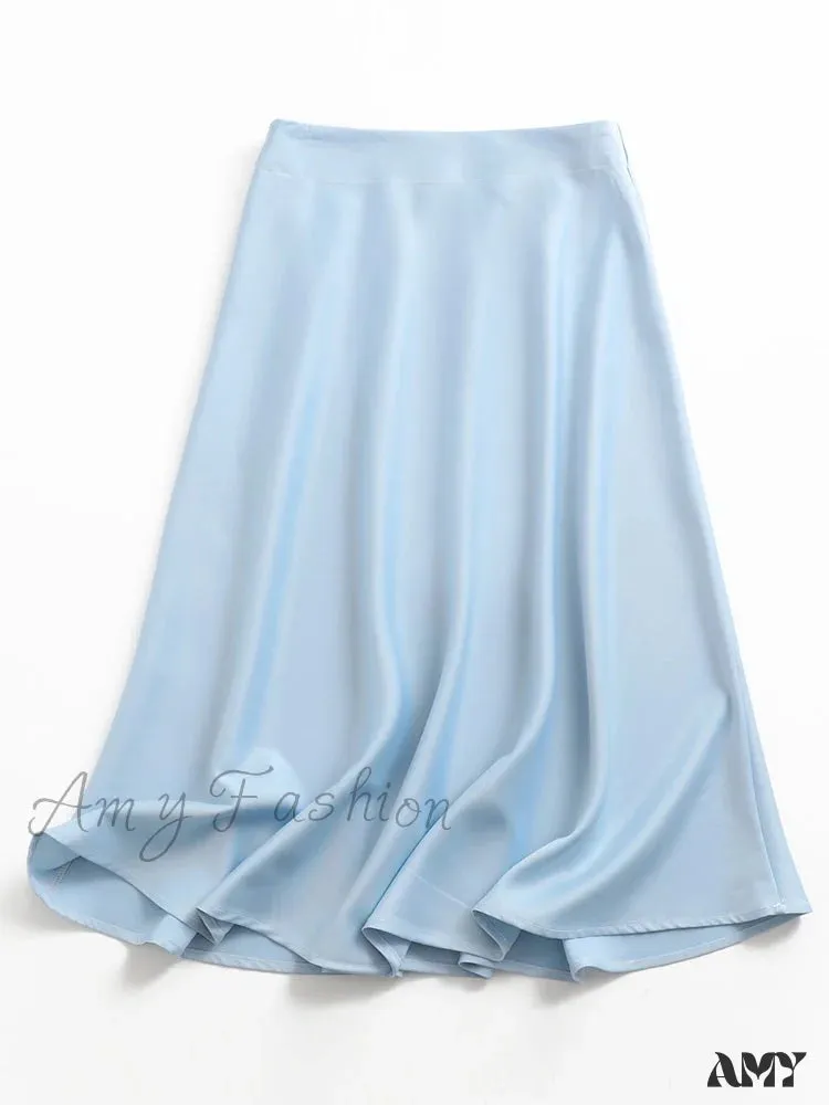 Amy Fashion - Solid Color High Quality Satin Midi Skirt