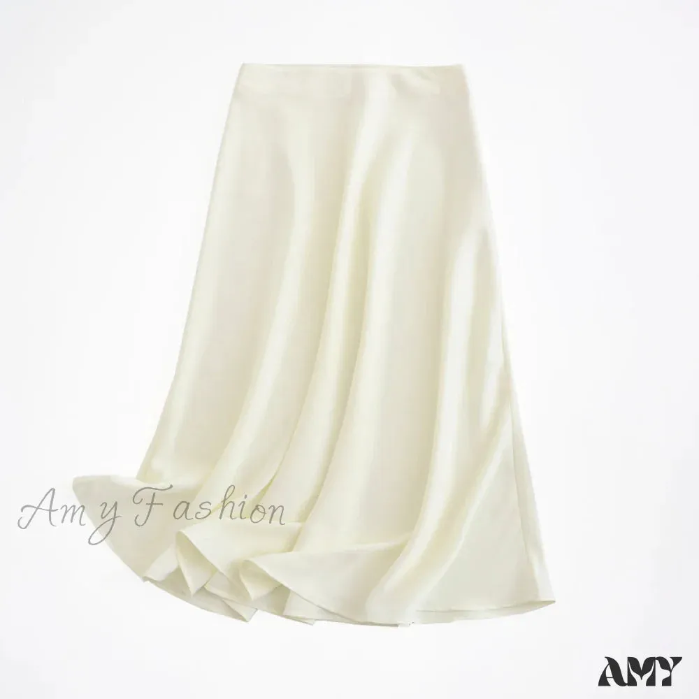 Amy Fashion - Solid Color High Quality Satin Midi Skirt