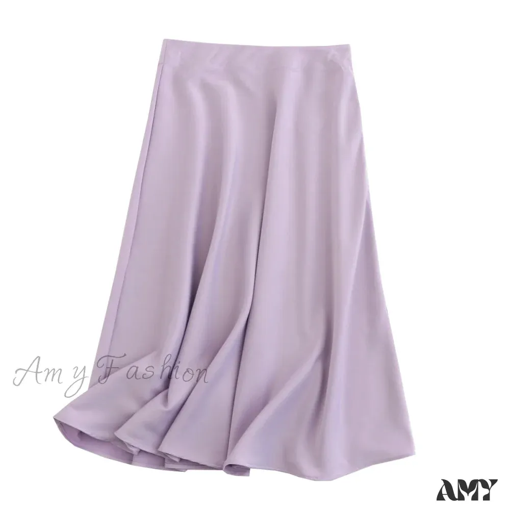 Amy Fashion - Solid Color High Quality Satin Midi Skirt