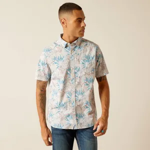 Ariat Men's Macklin Blue/Tan Tropic Steer Skull Print Modern Fit Short Sleeve Button-Down Stretch Shirt