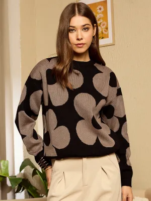 Berrylush Women Black Floral Print Round Neck Full Sleeve Knitted Regular Pullover