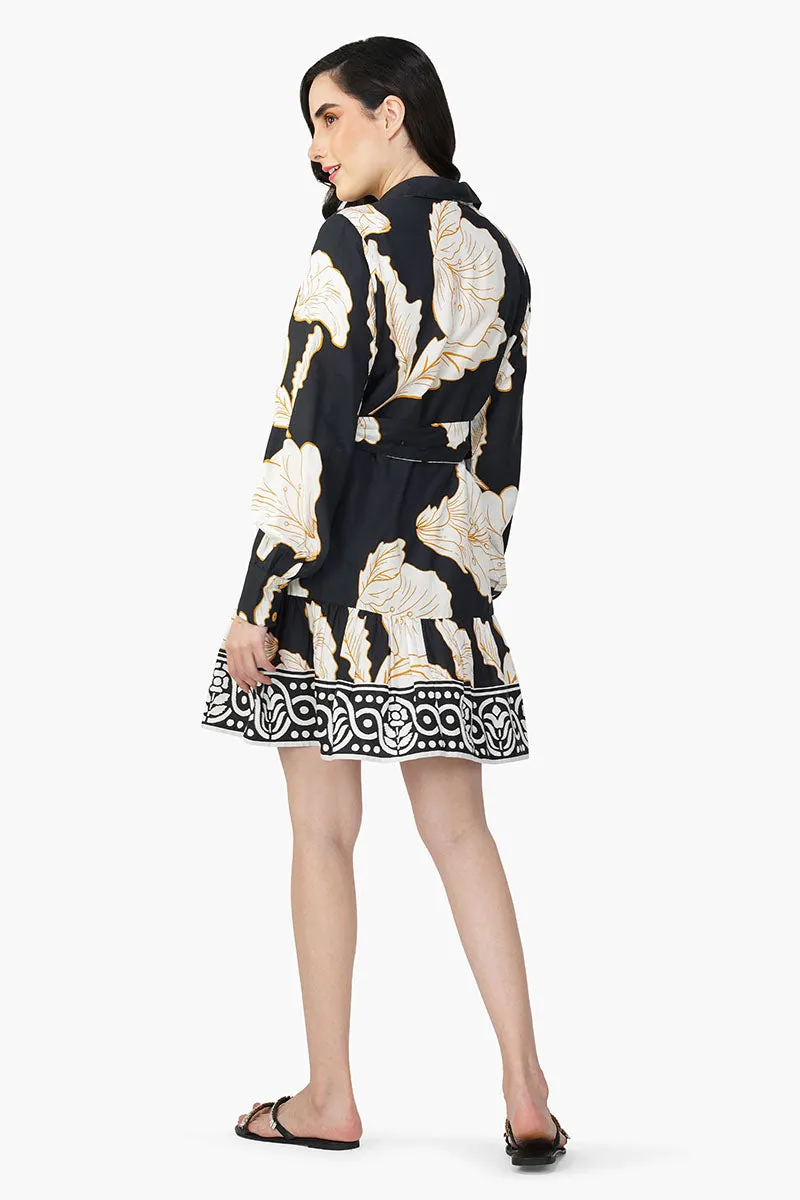 Black And White Floral Daze Printed Short Dress