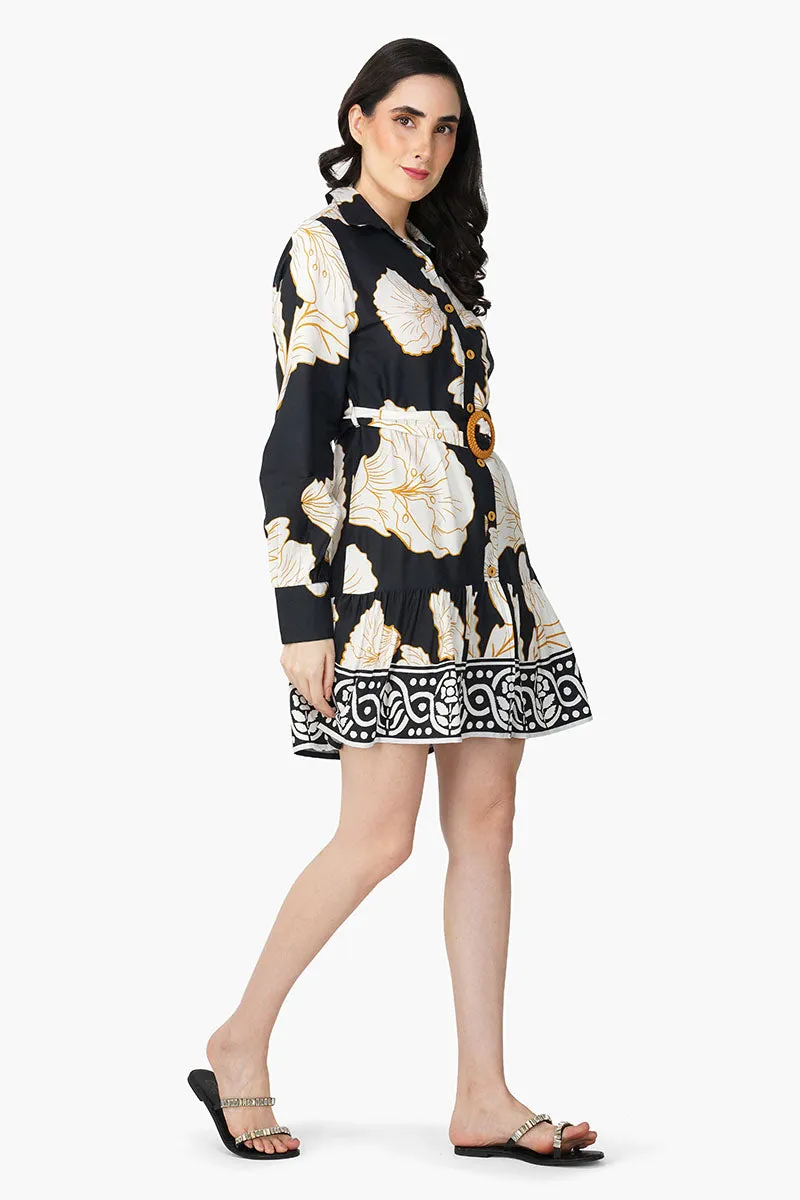 Black And White Floral Daze Printed Short Dress