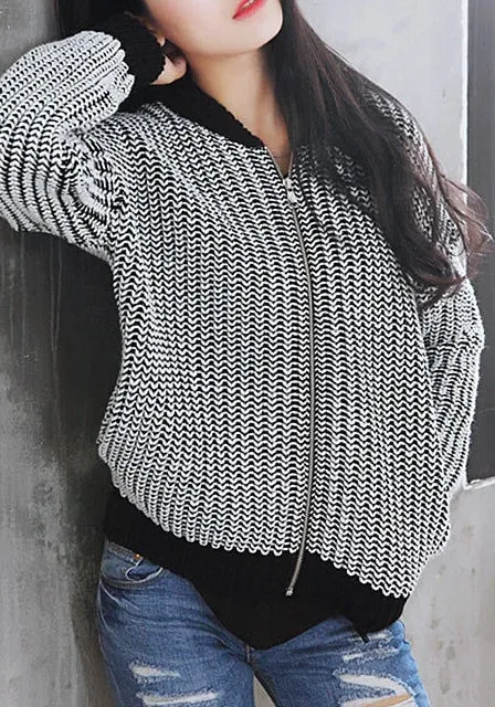 Black and White Knitted Baseball Jacket