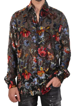 Black Red Blue Floral Velvet Shirt