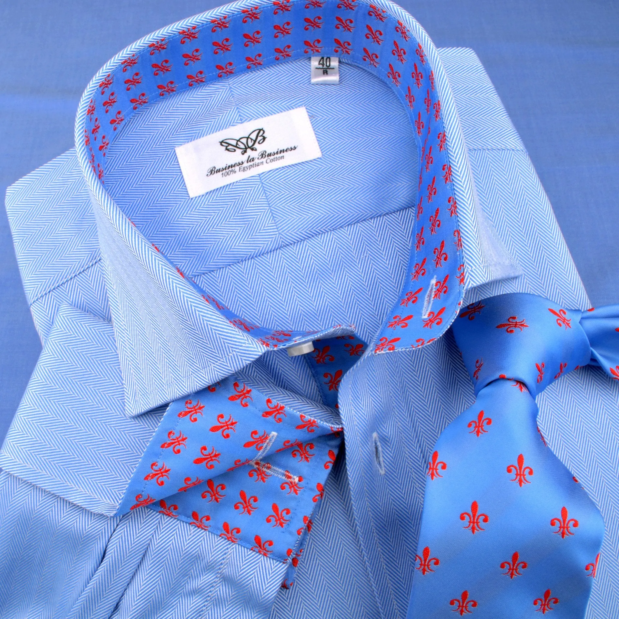 Blue Herringbone Formal Business Dress Shirt with Red Fleur-De-Lis