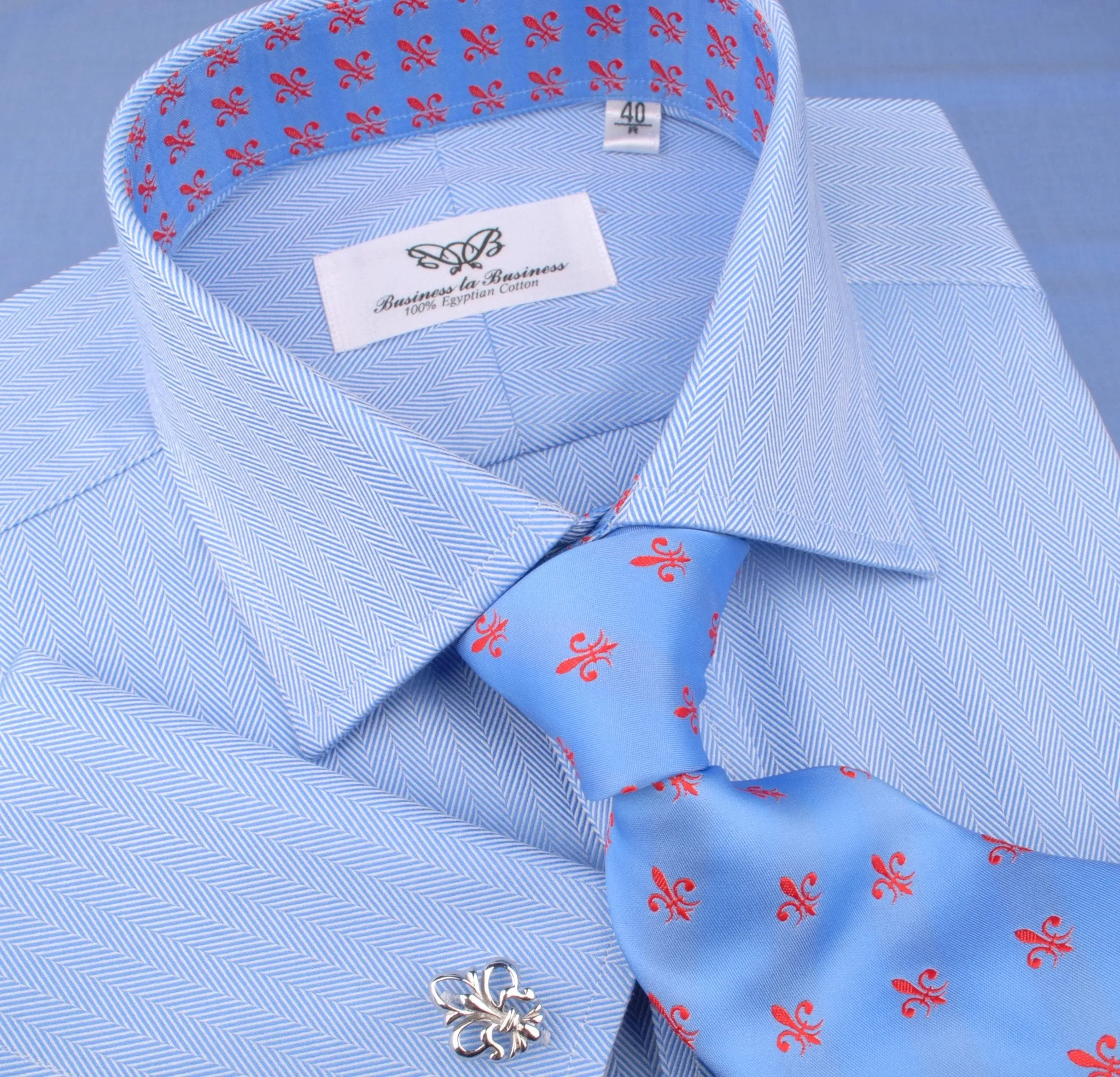 Blue Herringbone Formal Business Dress Shirt with Red Fleur-De-Lis