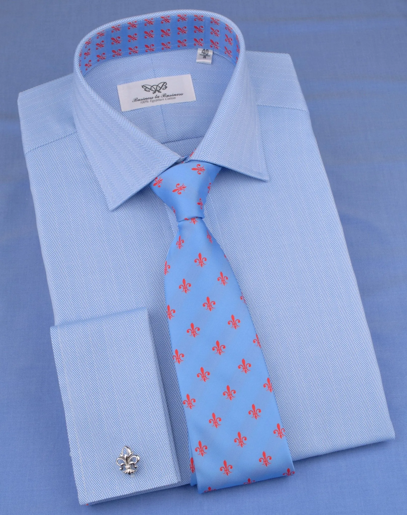 Blue Herringbone Formal Business Dress Shirt with Red Fleur-De-Lis