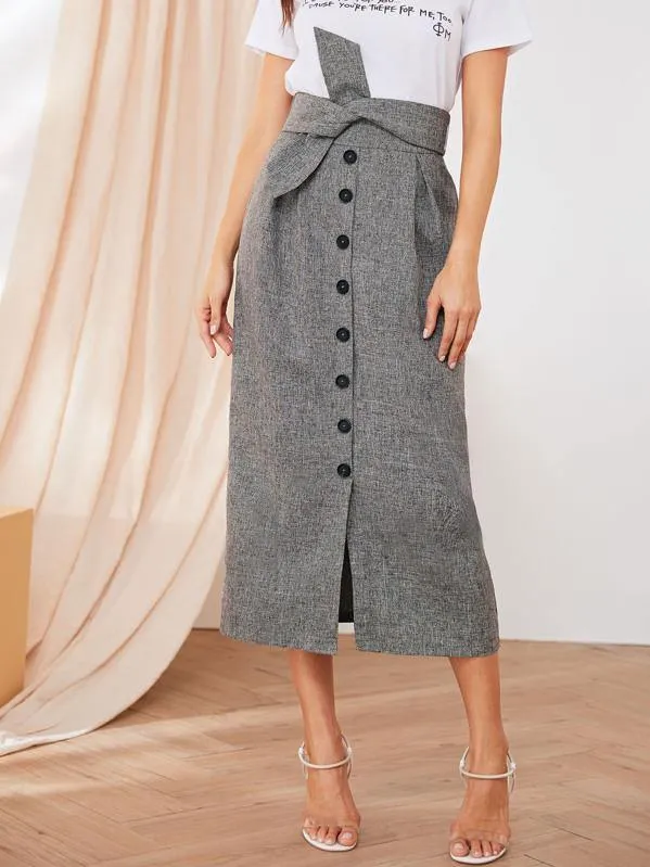 Button Front Tie Waist Straight Skirt