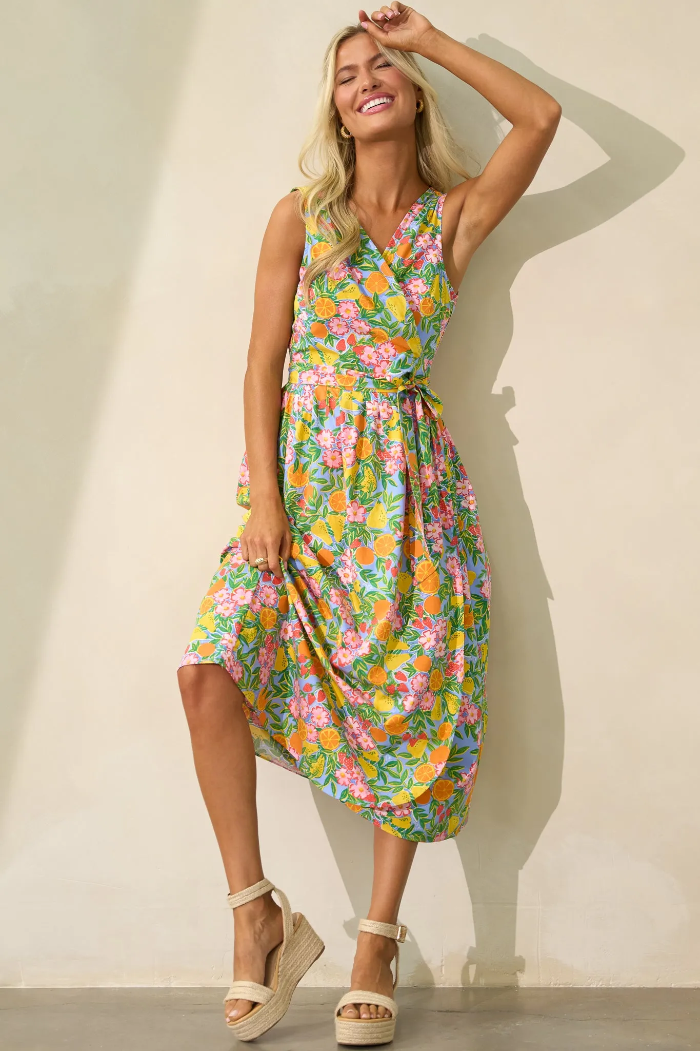 Citrus Bloom Sky Blue Multi Print Midi Wrap Dress