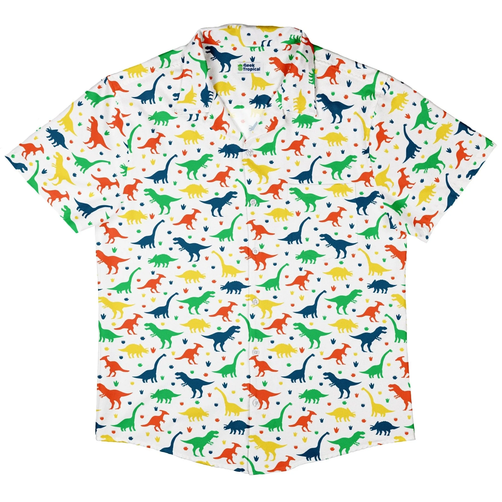 Colorful Dinosaur Silhouettes White Button Up Shirt