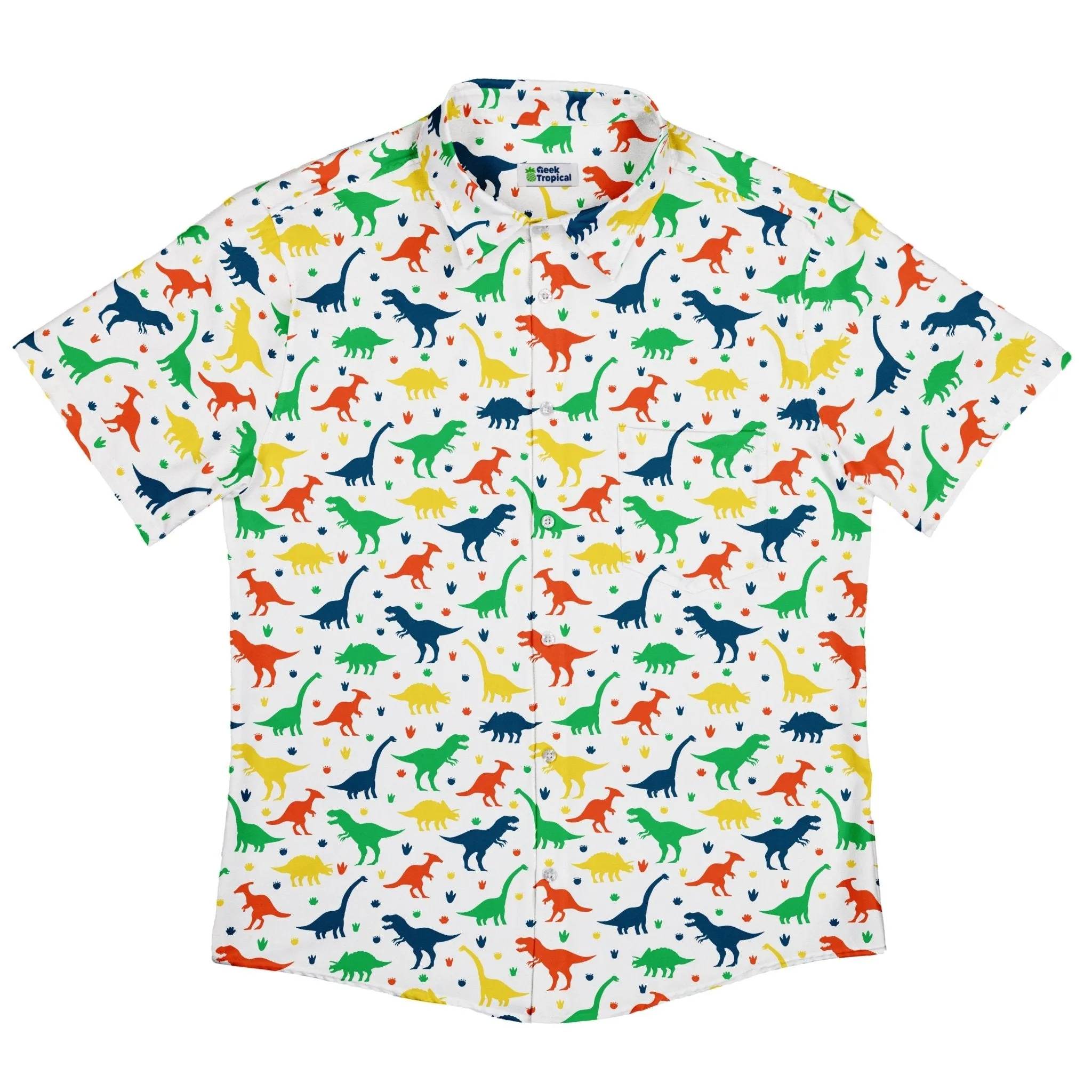 Colorful Dinosaur Silhouettes White Button Up Shirt