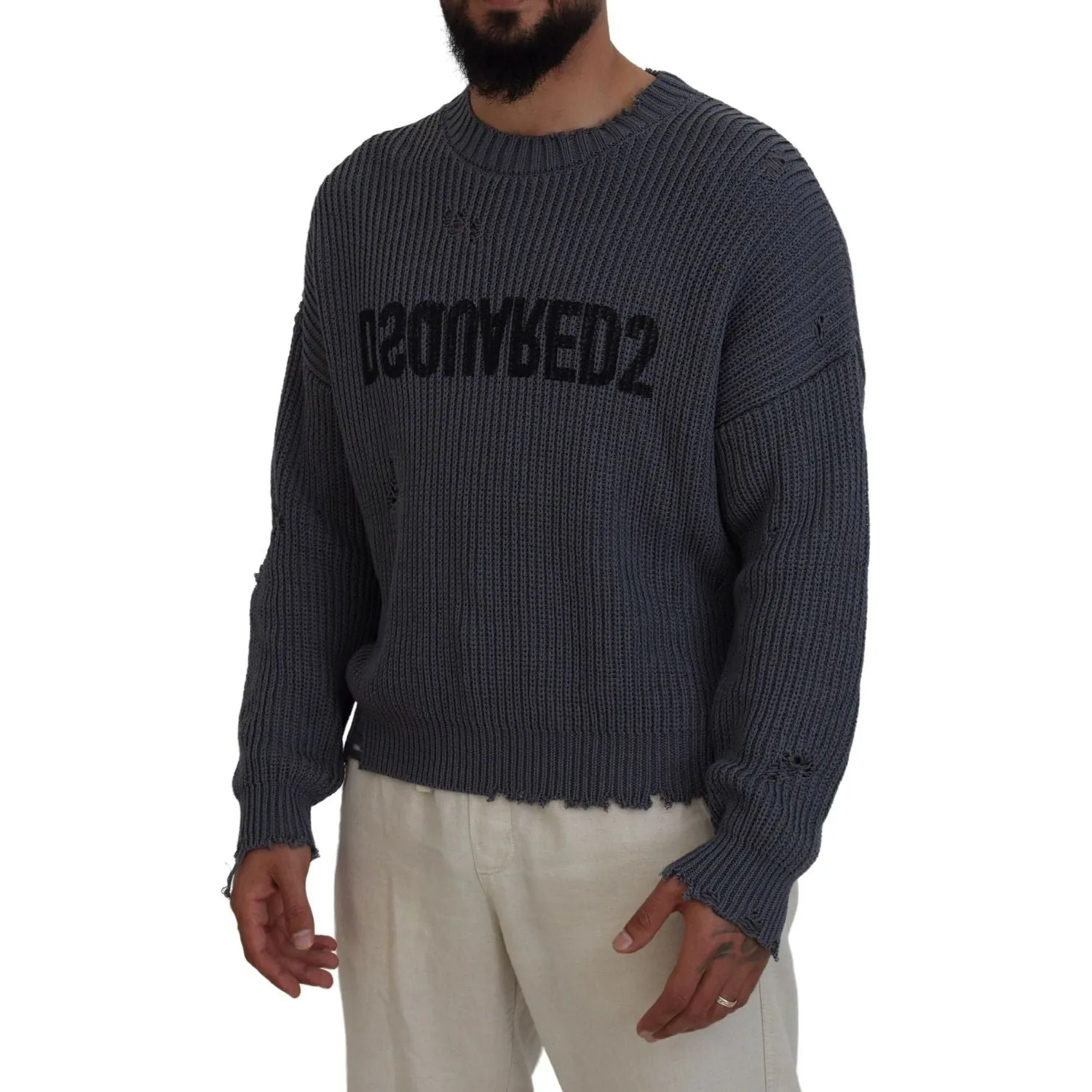 Dsquared² Gray Men Tattered Knitted Pullover Sweater