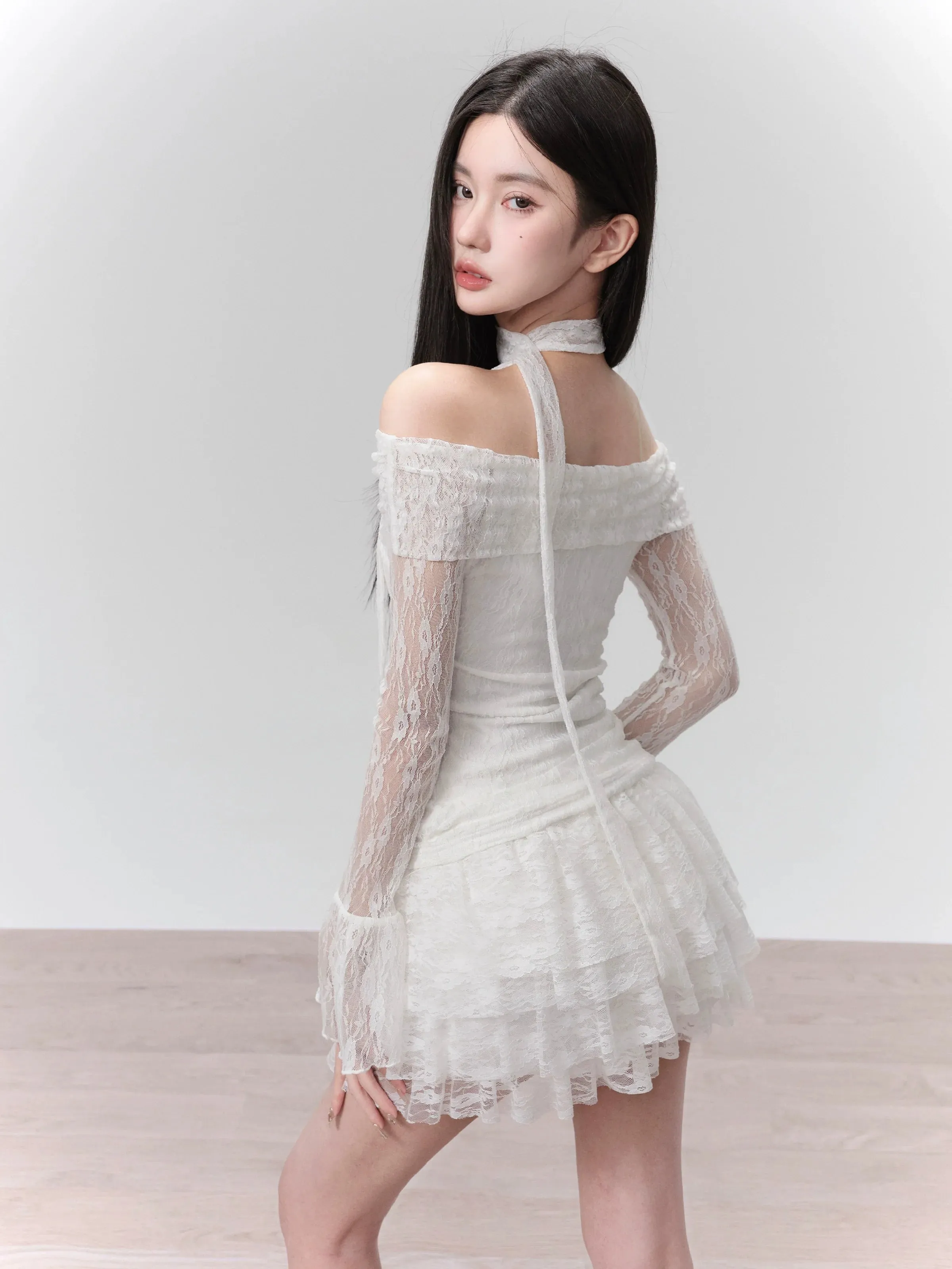 Elegant White Lace One-Shoulder Crop Top & Skirt Set