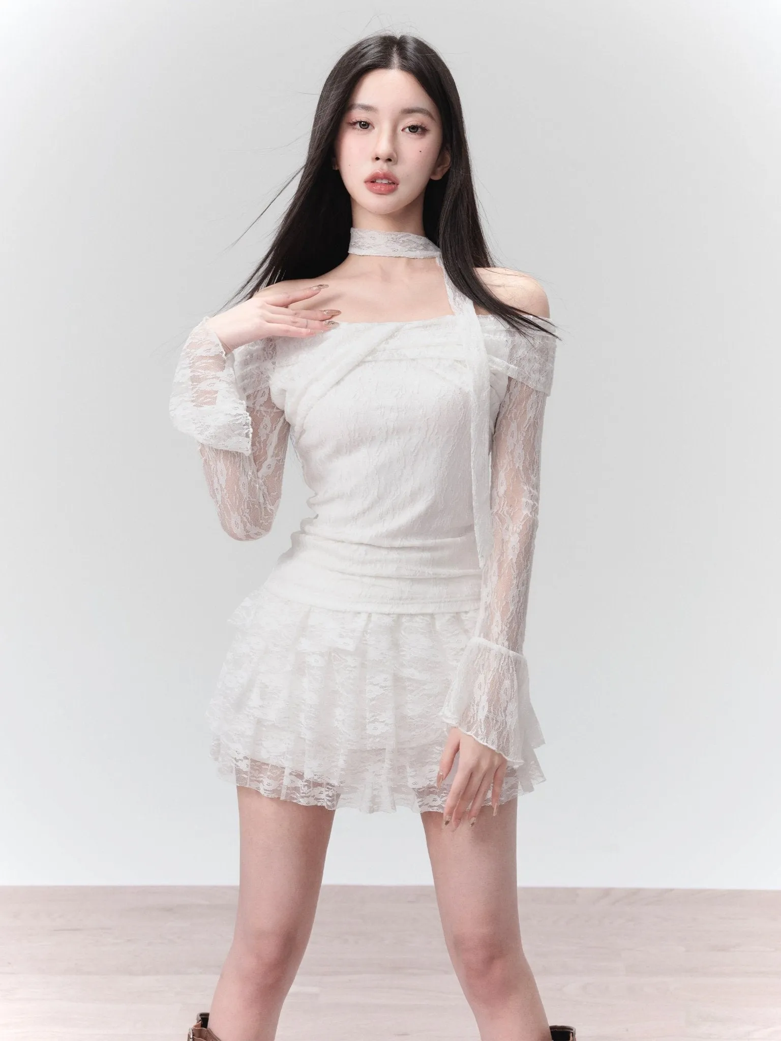 Elegant White Lace One-Shoulder Crop Top & Skirt Set