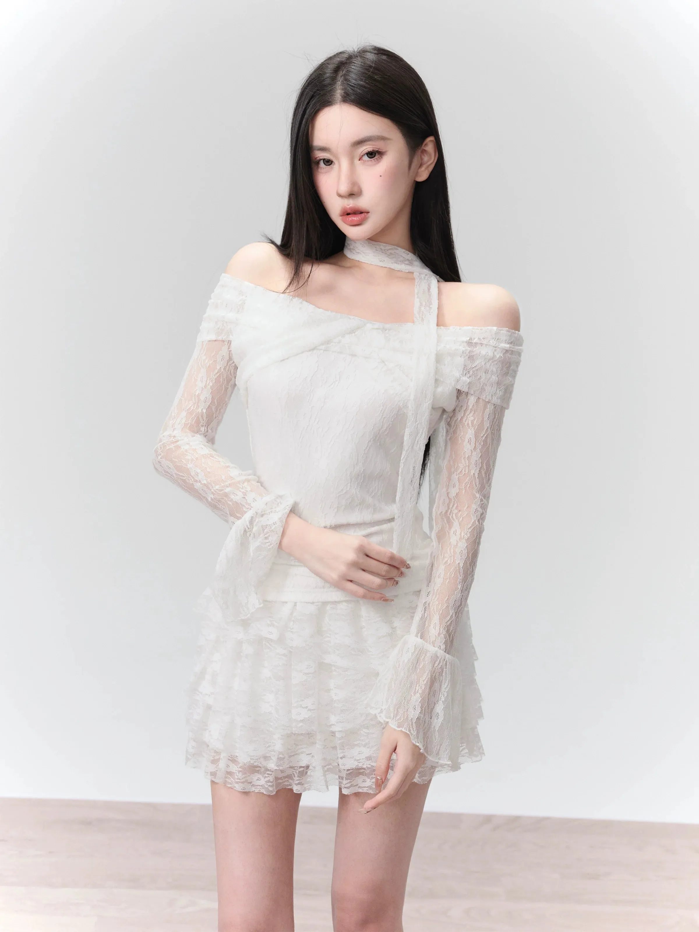 Elegant White Lace One-Shoulder Crop Top & Skirt Set