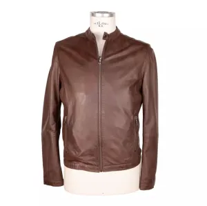 Emilio Romanelli Elegant Brown Leather Jacket with Snap Collar