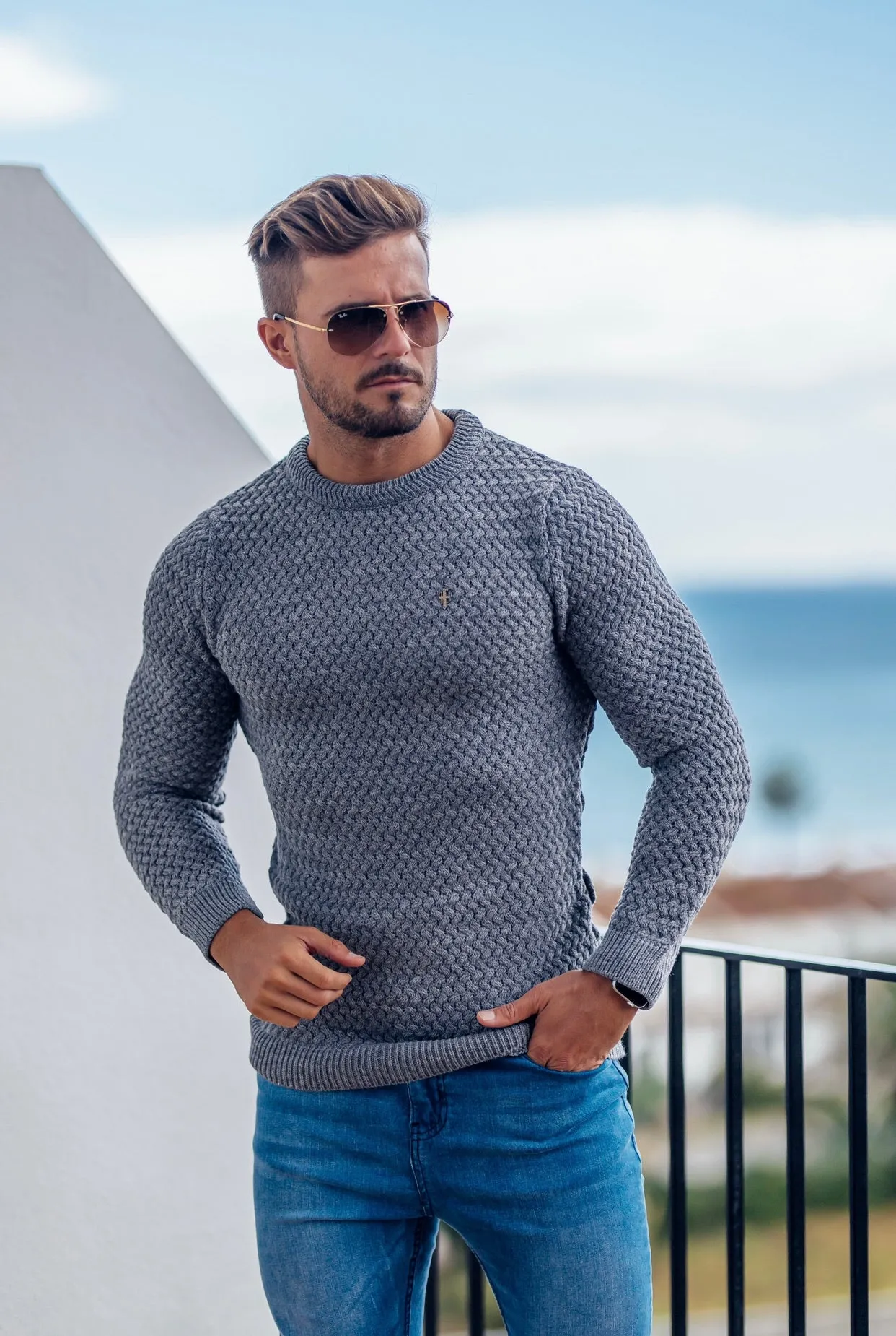 Father Sons Grey Knitted Weave Super Slim Sweater With Metal Decal - FSJ016