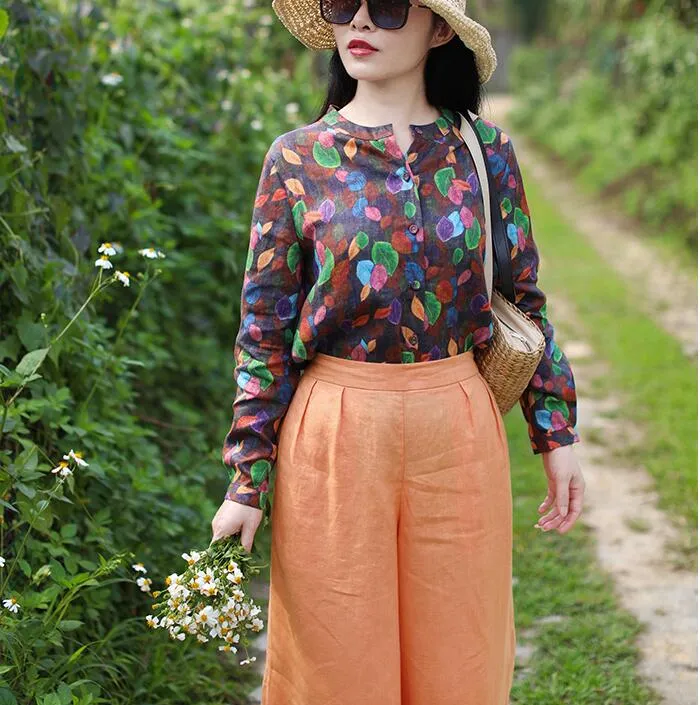 Floral Linen Blouse Simple Style Shirts Summer Tops  H9508