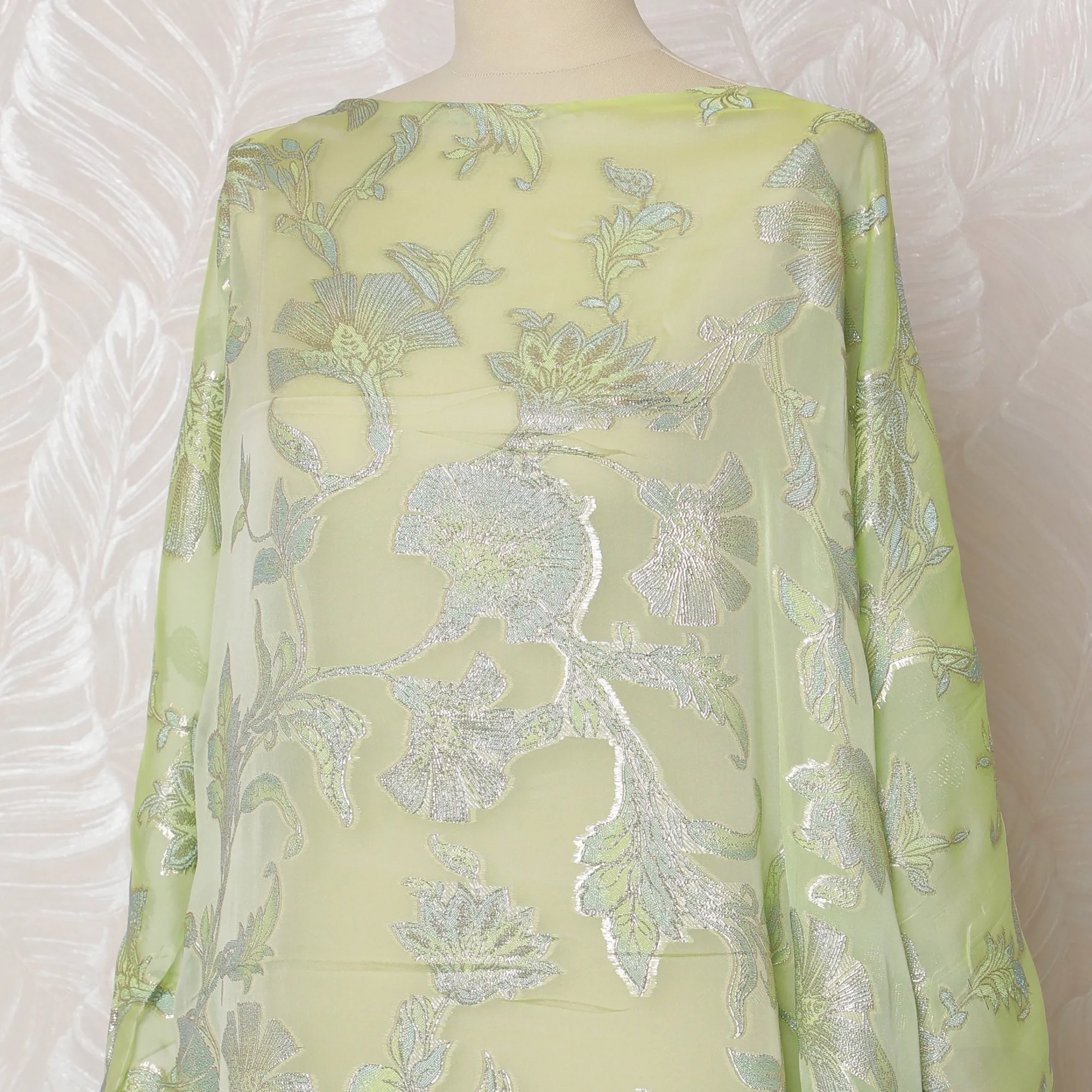 Fresh Lime Green Floral French Silk Chiffon Fabric with Metallic Lurex, 140 cm Width-D19690