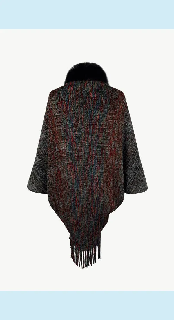 Heathered Neck Trim Fringed Unique and Stylish Design Poncho