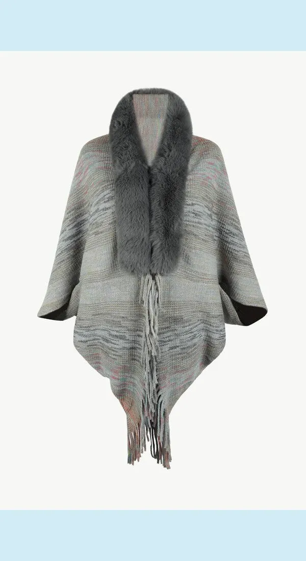 Heathered Neck Trim Fringed Unique and Stylish Design Poncho