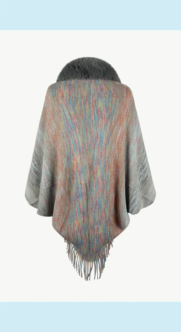 Heathered Neck Trim Fringed Unique and Stylish Design Poncho