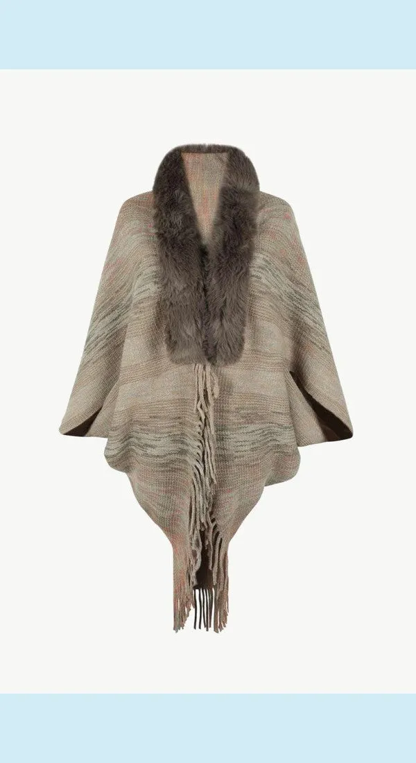 Heathered Neck Trim Fringed Unique and Stylish Design Poncho