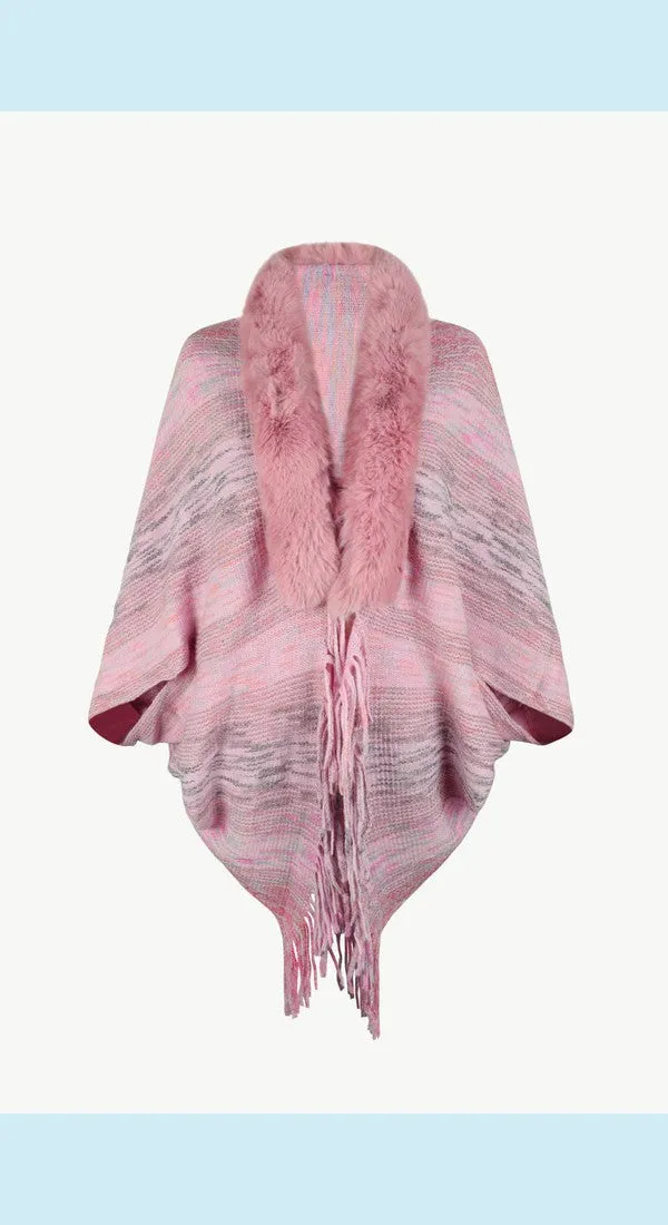 Heathered Neck Trim Fringed Unique and Stylish Design Poncho