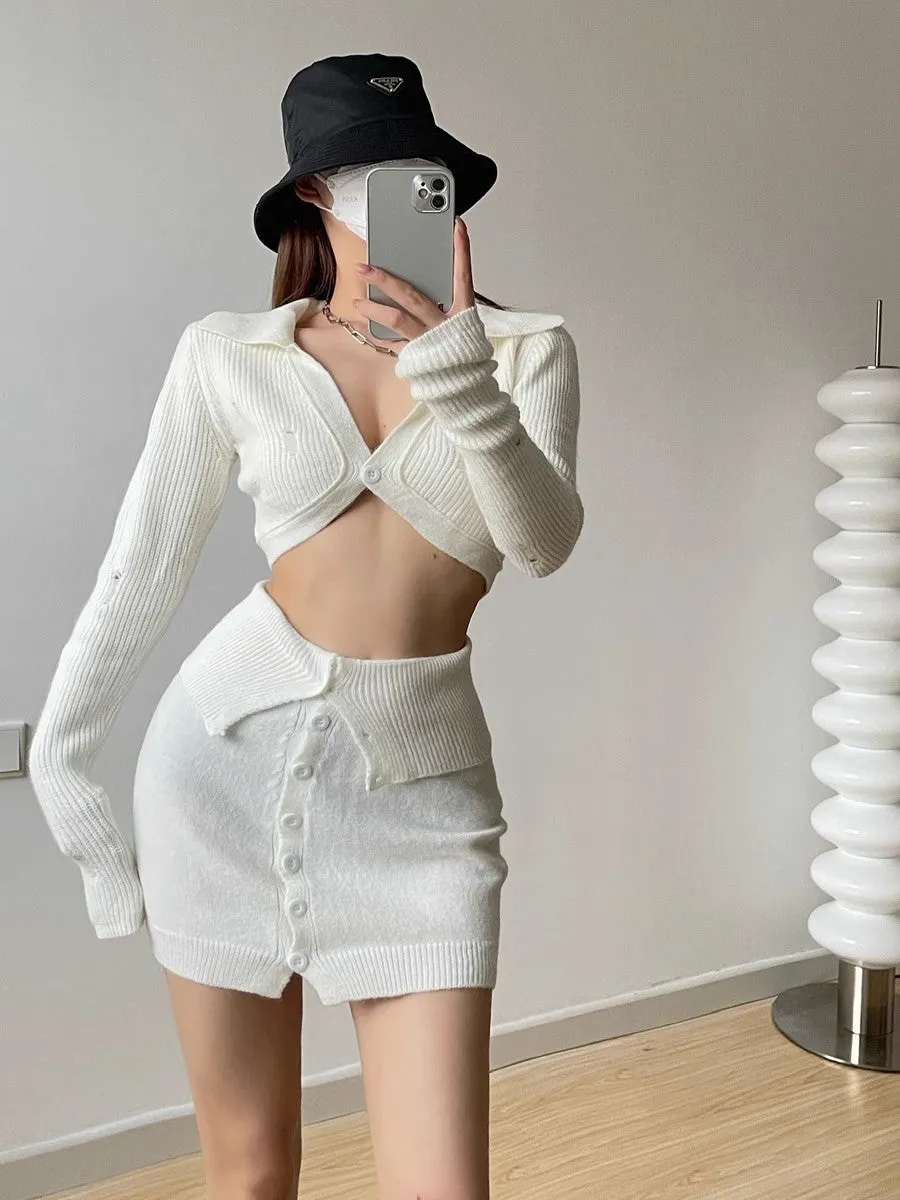 hot girls knitted short cardigan sweater skirt two-piece set     S3395