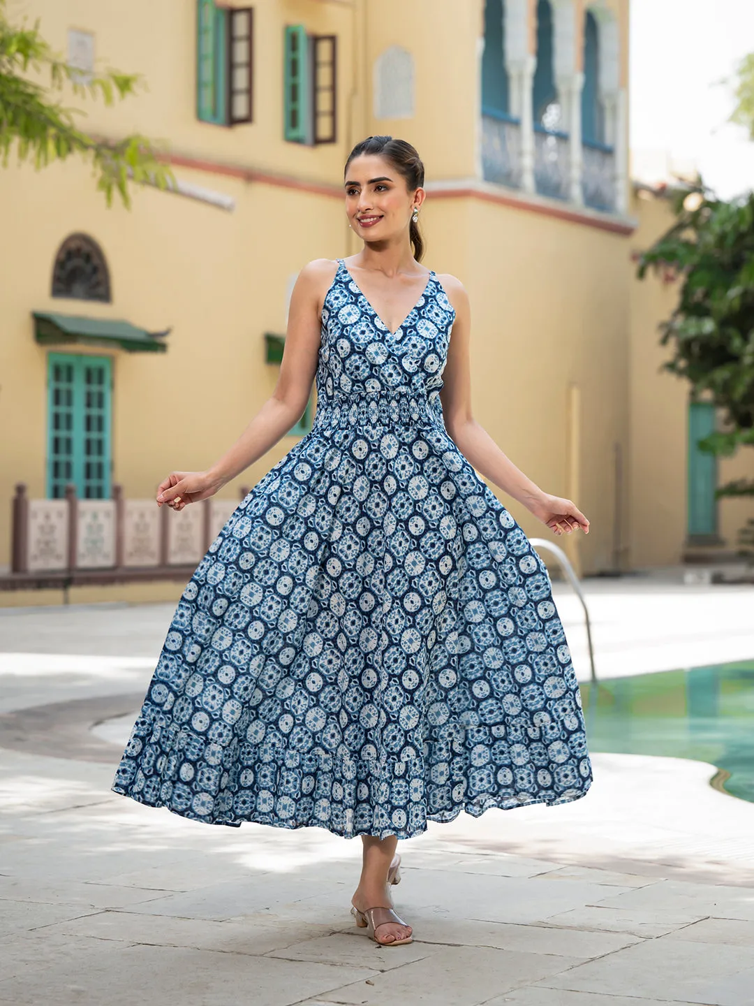 Jashvi Blue Floral Print Pure Cotton Fit & Flare Dress