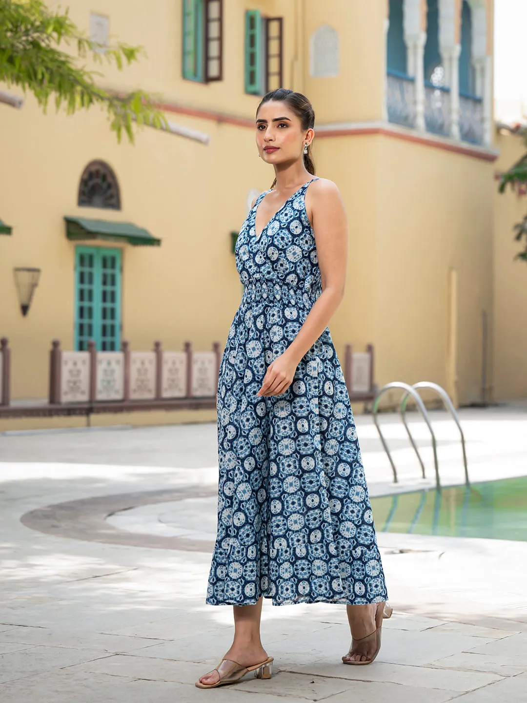 Jashvi Blue Floral Print Pure Cotton Fit & Flare Dress