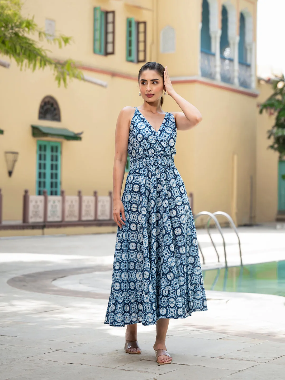 Jashvi Blue Floral Print Pure Cotton Fit & Flare Dress