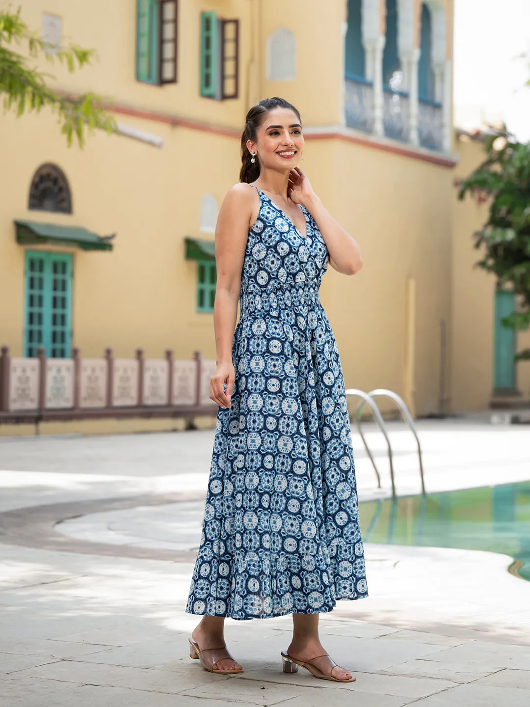 Jashvi Blue Floral Print Pure Cotton Fit & Flare Dress