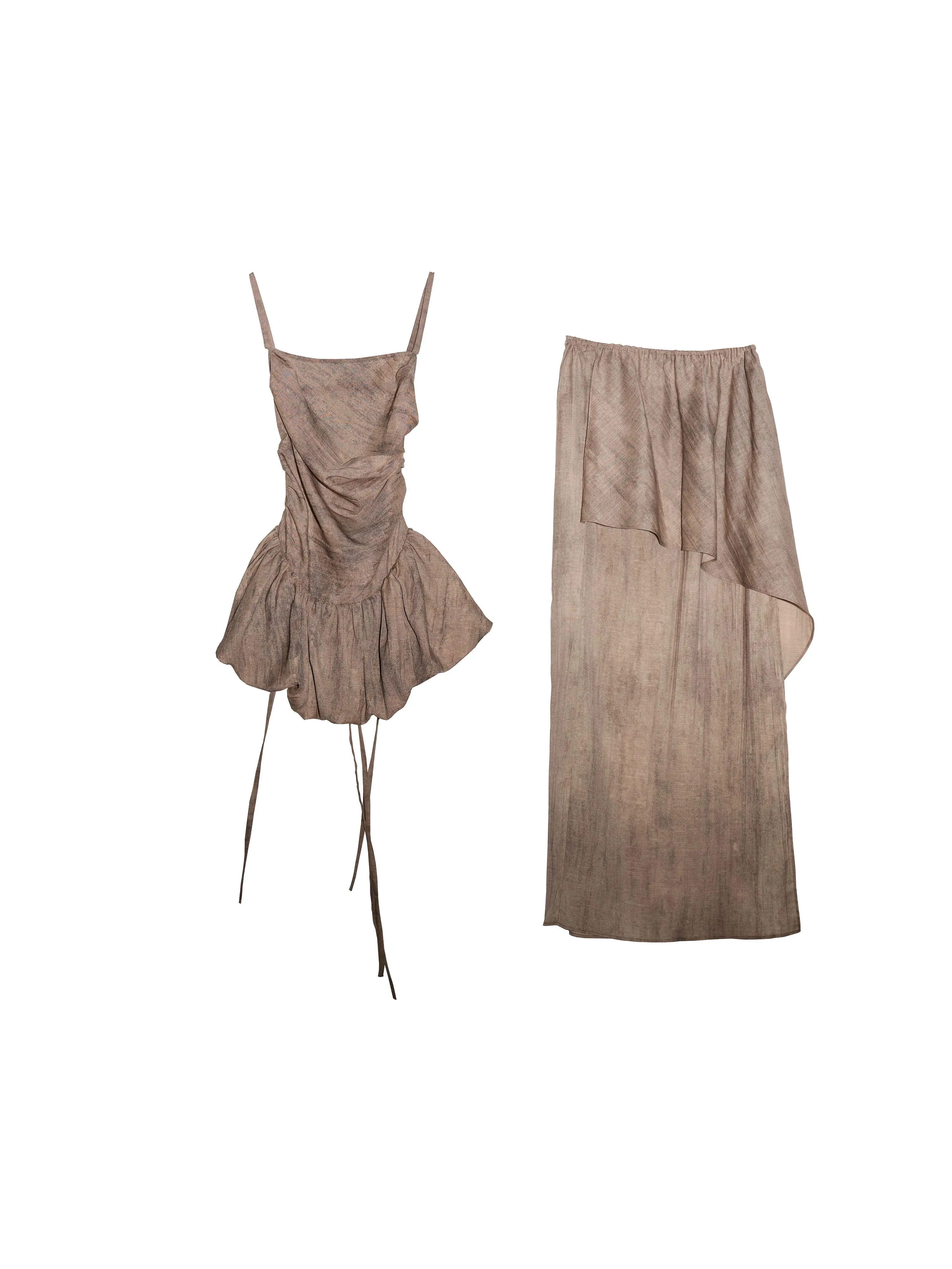 Jnylon Studio Taupe Ruched Asymmetrical Dress Set - Women'S Boho Spaghetti Strap Maxi Skirt Combo