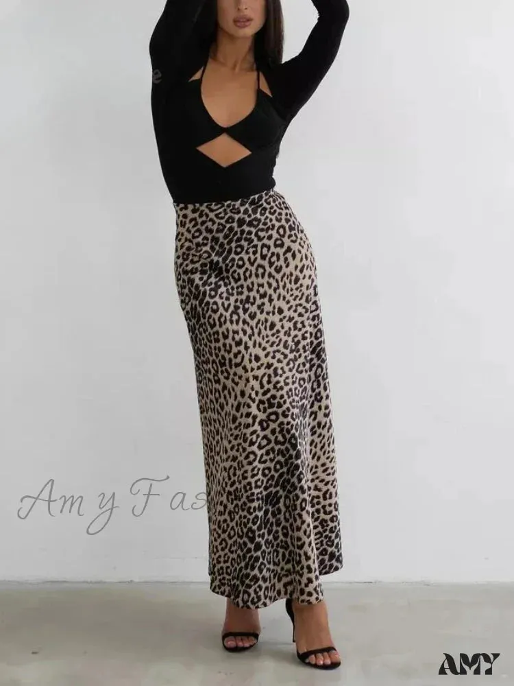 Leopard Printed Long Summer Elegant High Waist Satin Silk A-Line Skirt