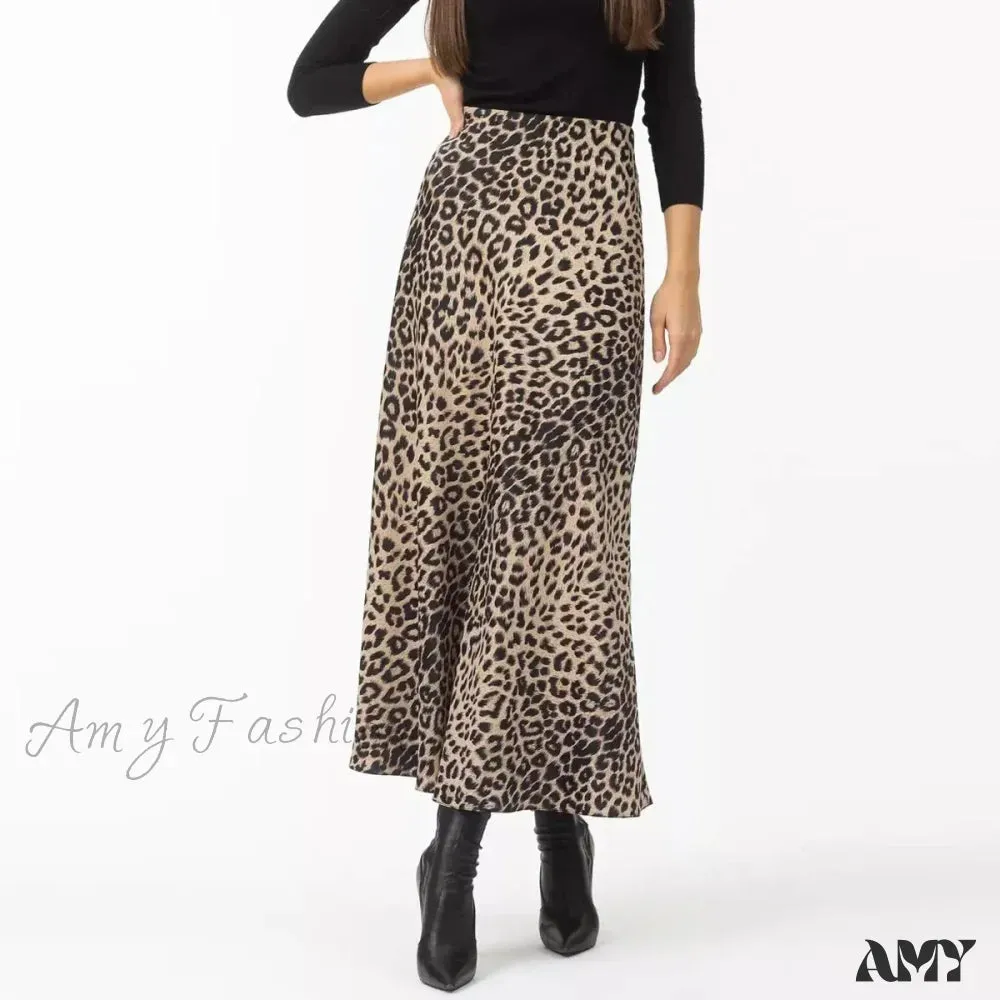 Leopard Printed Long Summer Elegant High Waist Satin Silk A-Line Skirt