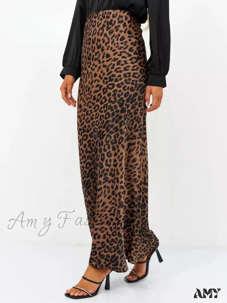 Leopard Printed Long Summer Elegant High Waist Satin Silk A-Line Skirt