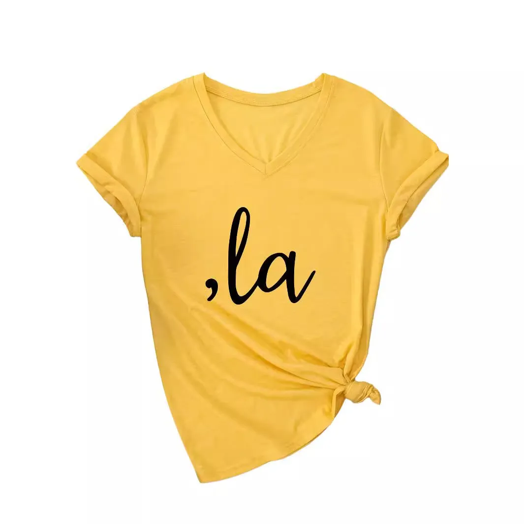 Letter V-neck T-shirt Simple Women